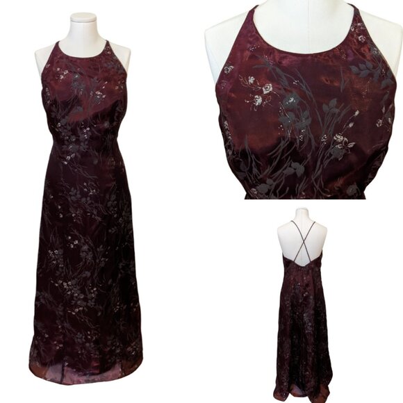 Vintage 90s Burgundy Dress Prom Formal Silver Floral Whimsygoth Witchy Sz 10 - Picture 1 of 12